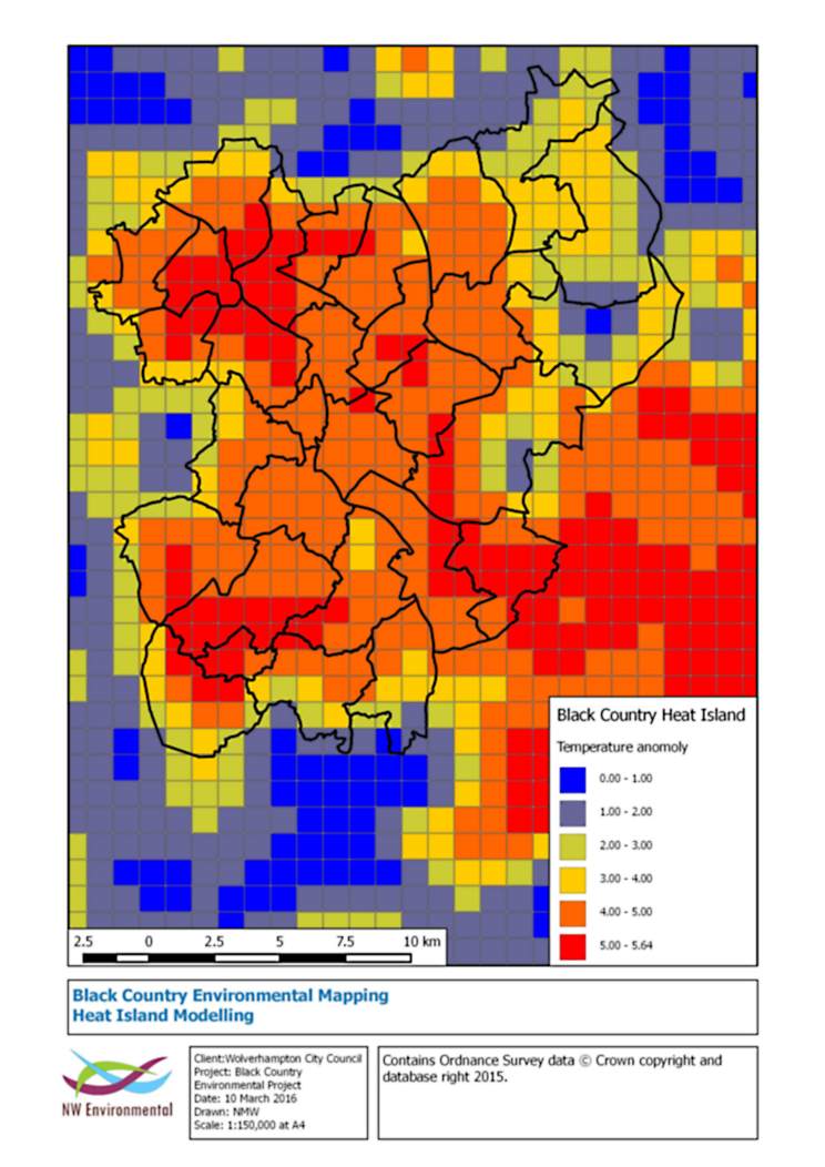 NW  Environmental's model of the West Midlands Conurbation's  Heat Island Anomoly